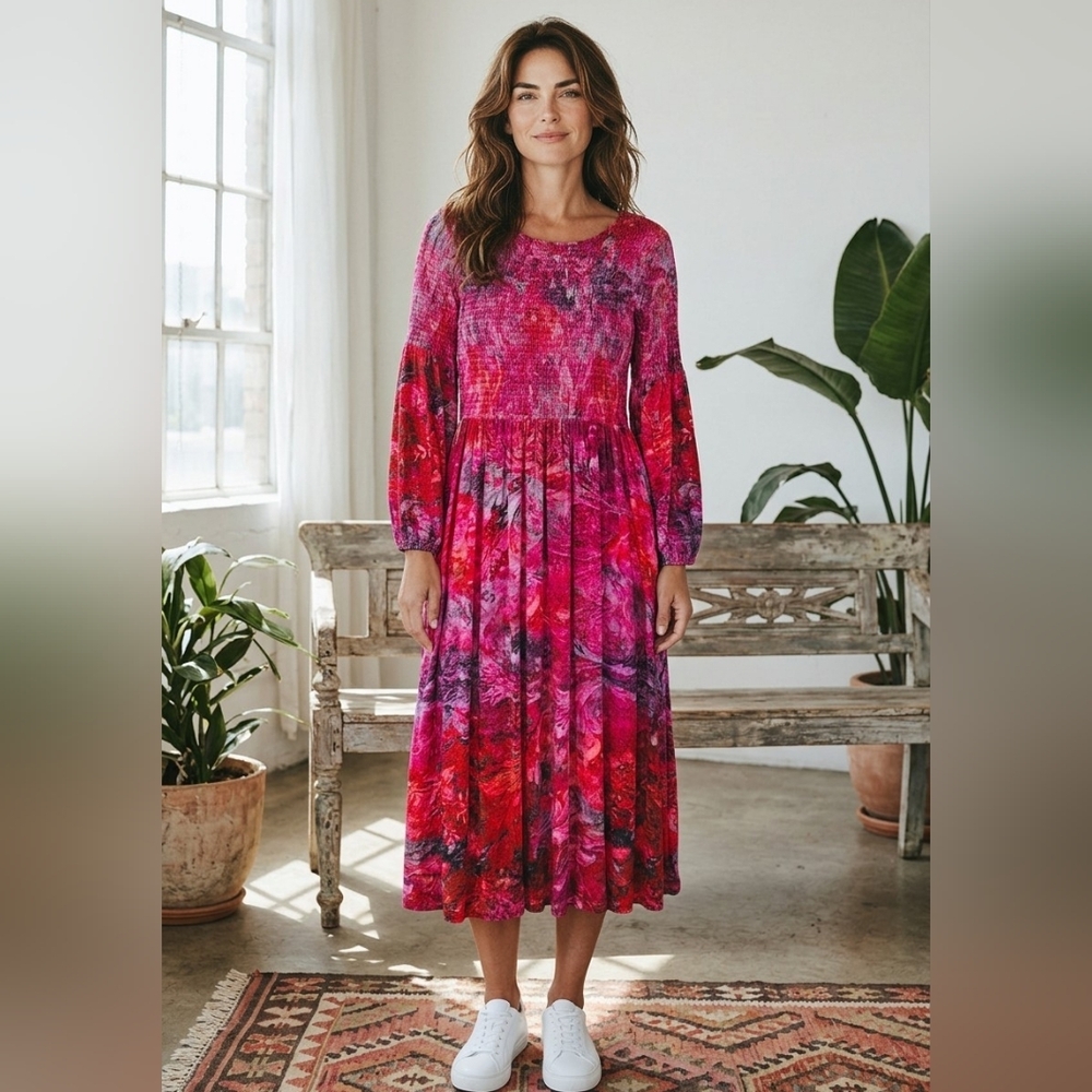 Soft Surroundings Beunissima Red Pink Velvet Smocked Maxi Dress Women Size Small